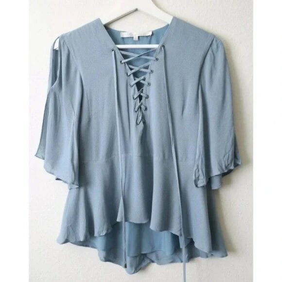 Lovers + Friends Lace Up Boulevard Top/Blouse, Dusty Blue, Size XS - Picture 5 of 10
